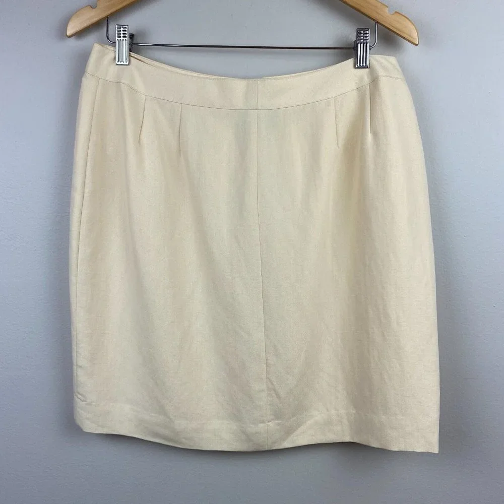 Emanuel Ungaro Pencil Skirt 12 Linen Blend Cream Above Knee Tabbed Waist Office‎